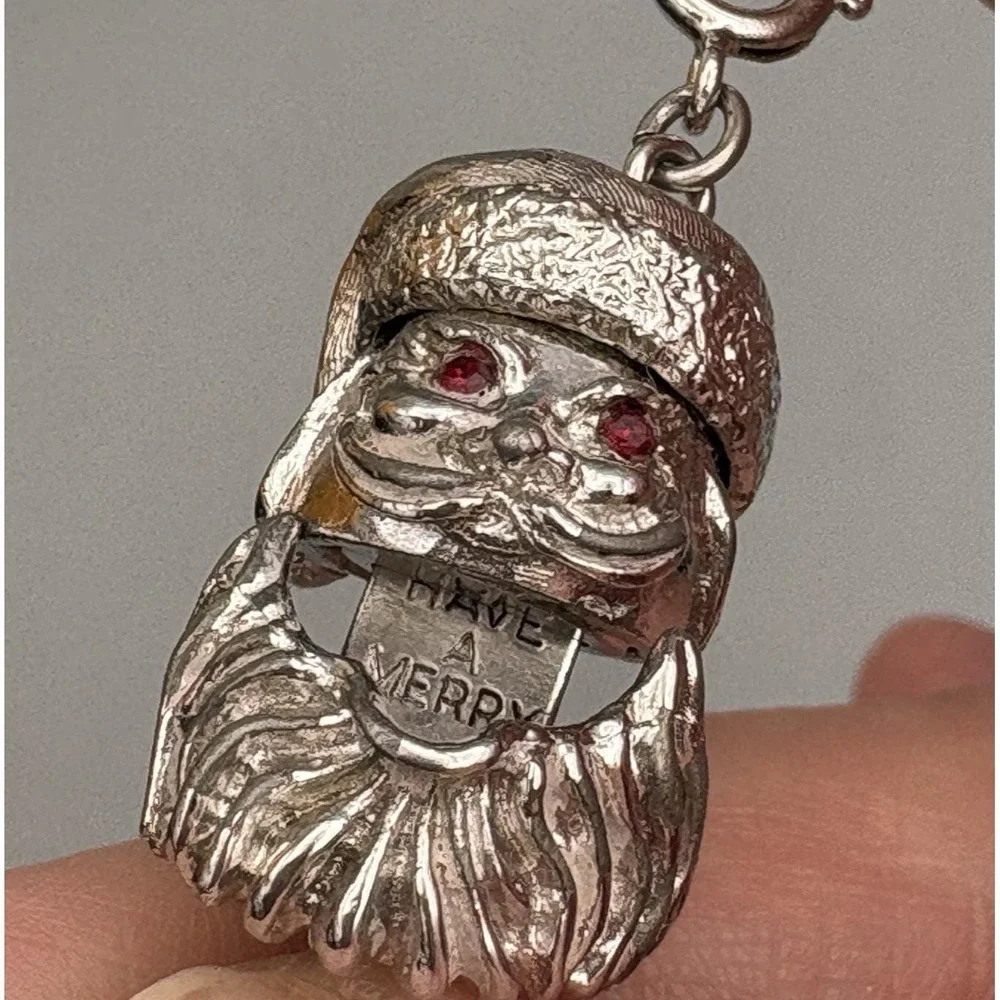 Rare Monet 1960s Charm Santa Claus Head Mechanical HAVE A MERRY Signed Christmas
